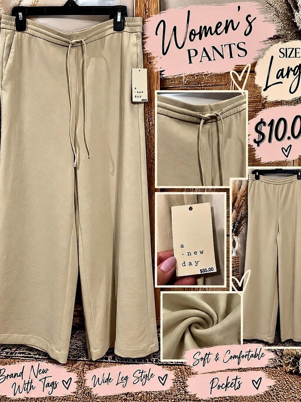A New Day Women's Modern Wide Leg Pull-On Pants Cream Large